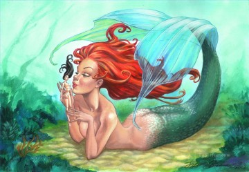 Meerjungfrau und ihr Spielzeug fantastischen Ölgemälde
